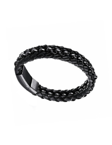 PULSERA HOMBRE ACERO Y CUERO NEGRO CAREX 126-PUL-A0057