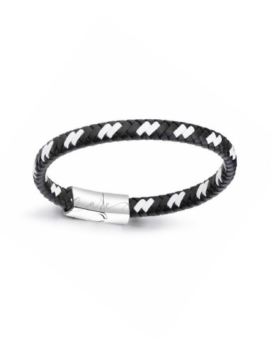 PULSERA HOMBRE ACERO Y CUERO NEGRO BLANCO CAREX 126-PUL-A0065