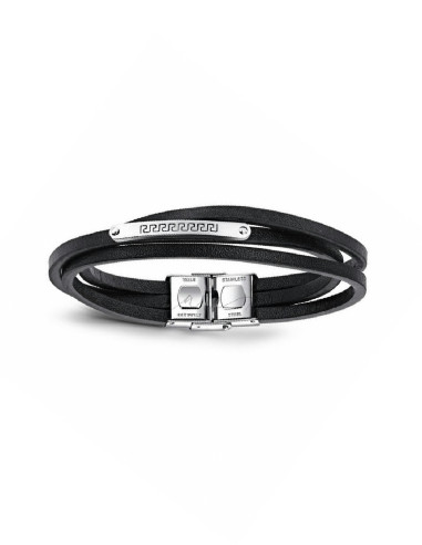 PULSERA HOMBRE ACERO Y CUERO GRECA NEGRO CAREX 126-PUL-A0066
