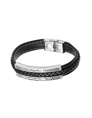 PULSERA HOMBRE ACERO Y CUERO GRECA NEGRO CAREX 126-PUL-A0099