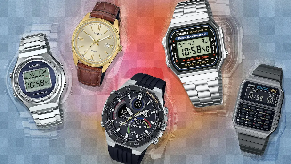 Diferentes modelos de relojes Casio digitales y anal&oacute;gicos de estilo cl&aacute;sico y deportivo