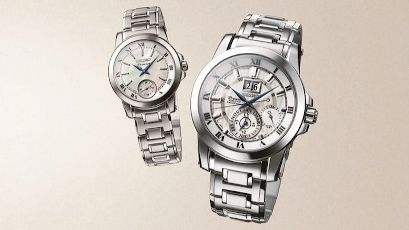 Relojes Seiko Premier para hombre y mujer, con diseño elegante, esferas blancas y brazaletes de acero
